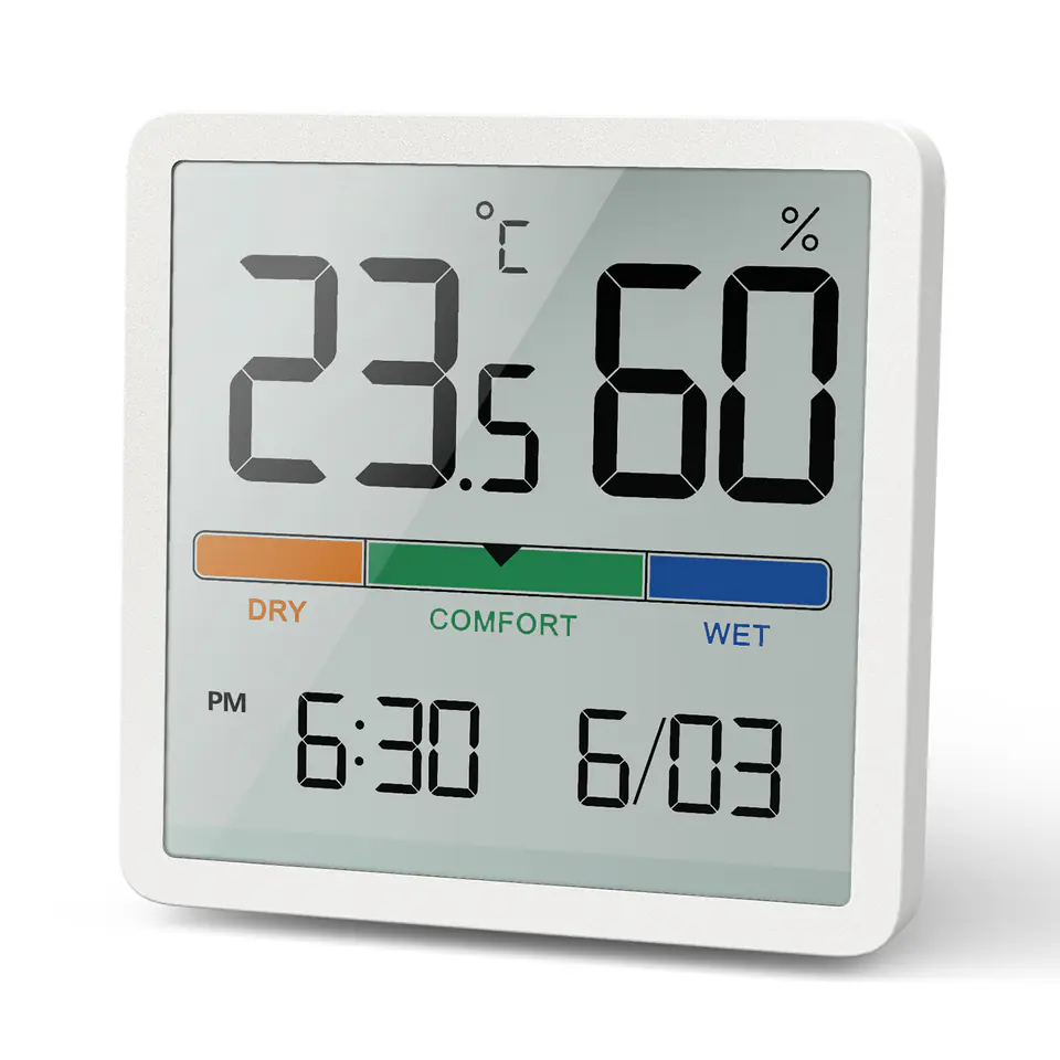 ⁨Thermometer/hygrometer with clock and date function, GreenBlue, CR2032 battery, temperature range -9.9 deg C to +60 deg C.,GB380⁩ at Wasserman.eu