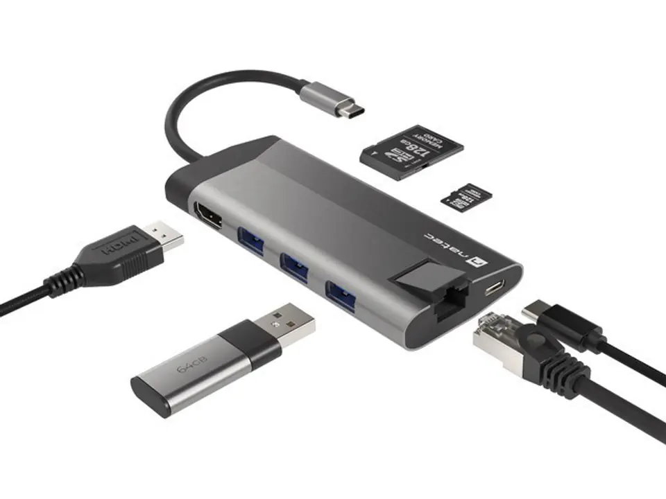 ⁨NATEC MULTIPORT ADAPTER FOWLER PLUS USB-C-> USB 3.0 3X, HDMI 4K, USB-C PD, RJ45, MICRO SD NMP-1690⁩ at Wasserman.eu