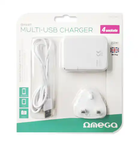 ⁨OMEGA CHARGER 4-PORT USB 4A WHITE UK PLUG [42673]⁩ at Wasserman.eu