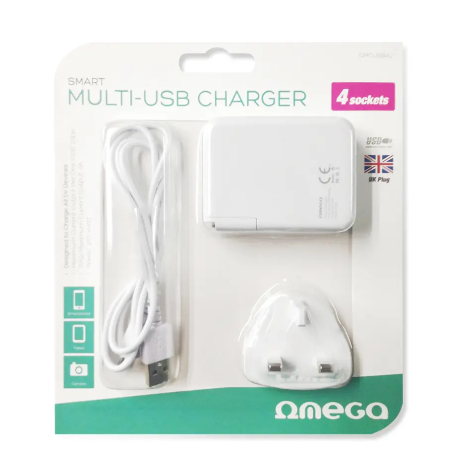 ⁨OMEGA CHARGER ŁADOWARKA 4-PORT USB 4A WHITE UK plug [42673] TE⁩ w sklepie Wasserman.eu