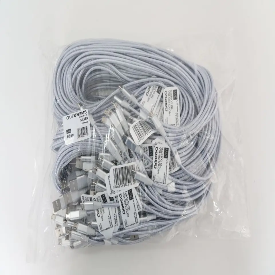 ⁨OMEGA TOKARA MICRO USB TO USB FABRIC BRAIDED CABLE KABEL 1,5A 2M POLYBAG SILVER [44175]⁩ w sklepie Wasserman.eu