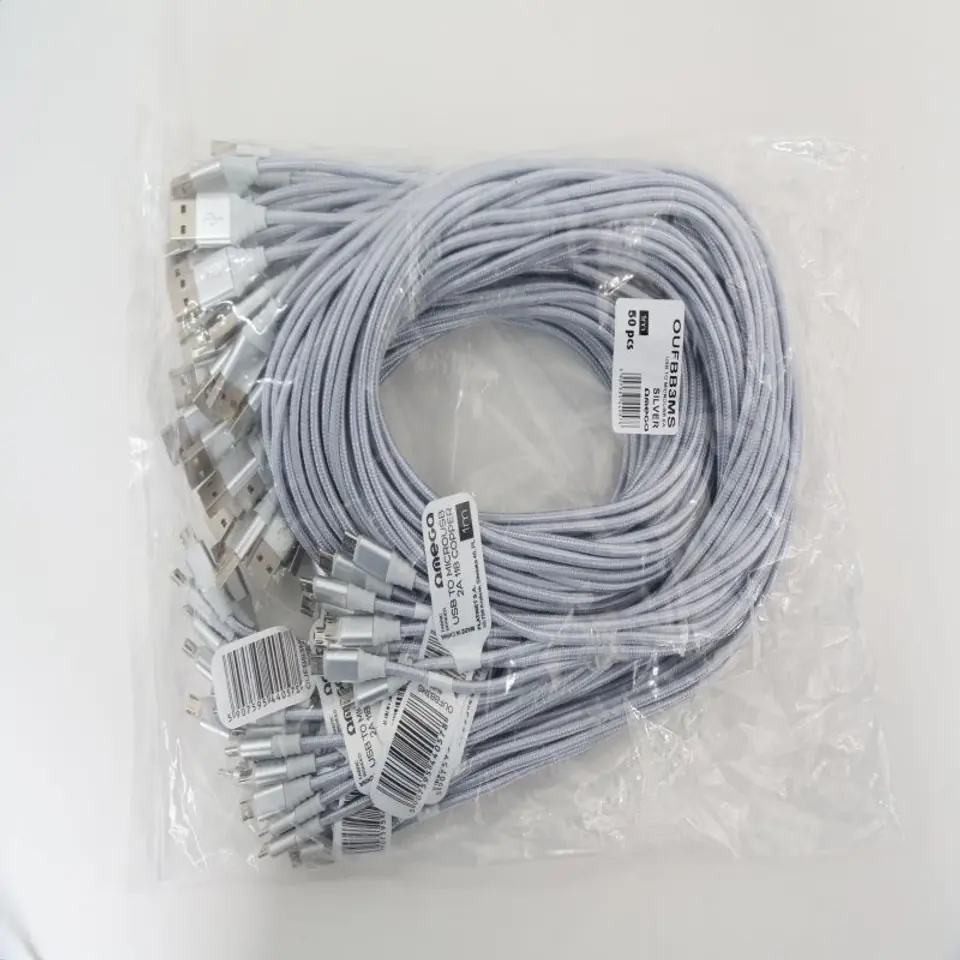 ⁨OMEGA MICRO USB TO USB FABRIC BRAIDED CABLE KABEL 2A 1M POLYBAG SILVER [44057]⁩ w sklepie Wasserman.eu