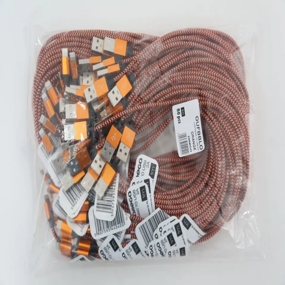 ⁨OMEGA FABRIC BRAIDED LIGHTNING TO USB 2A POLY 1M ORANGE [44040]⁩ at Wasserman.eu