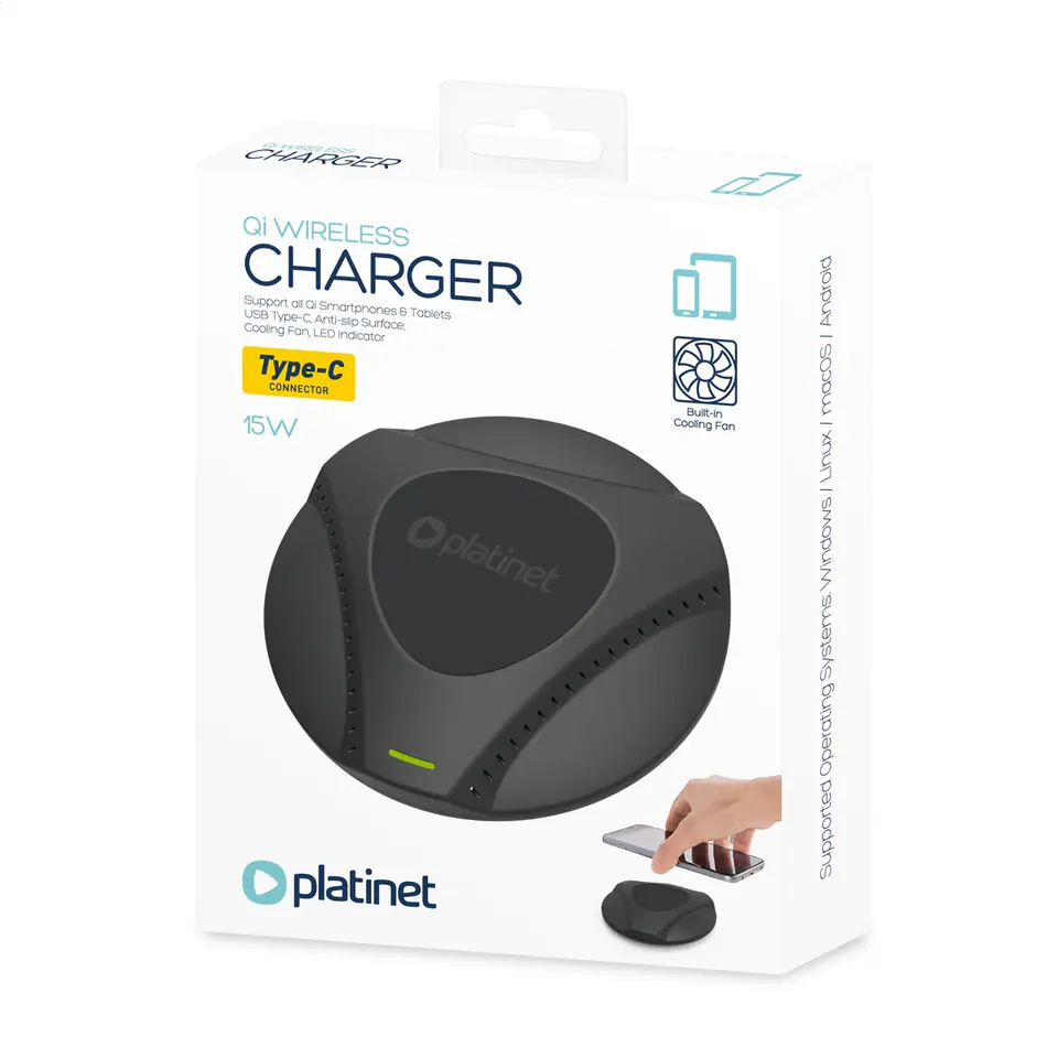 ⁨PLATINET WIRELESS CHARGER WITH FAN COOLING 15W USB-C BLACK [45289]⁩ w sklepie Wasserman.eu