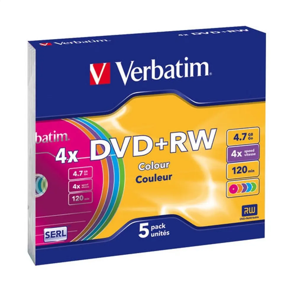 ⁨VERBATIM DVD+RW 4,7GB 4X COLOUR SLIM CASE*5  43297⁩ at Wasserman.eu