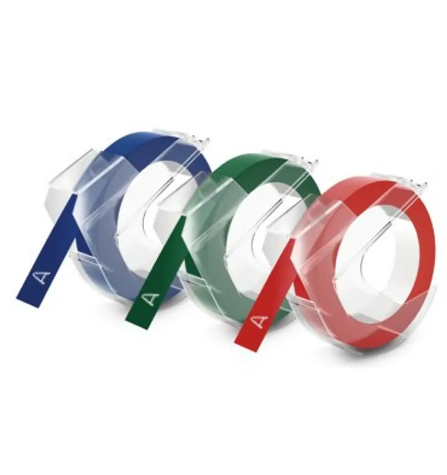 ⁨3D tape Dymo 9mm x3m white characters squeezed on black, red or blue tape 3pcs.⁩ at Wasserman.eu