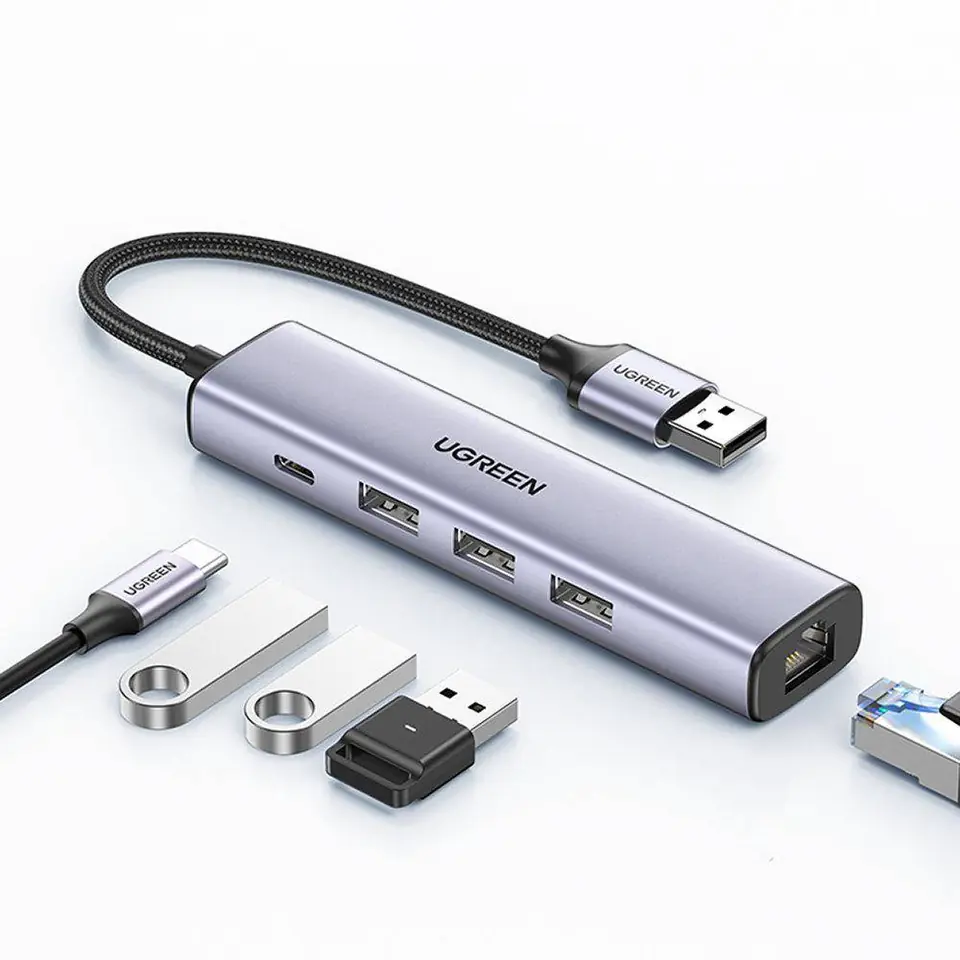 ⁨UGREEN 5in1 USB-A to 3x USB 3.0 + RJ45 + USB-C adapter (silver)⁩ at Wasserman.eu