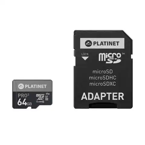 ⁨Carte microSDXC PLATINET + Adaptateur SD 64Go class10 UIII 90Mo/s [43999]⁩ im Wasserman.eu