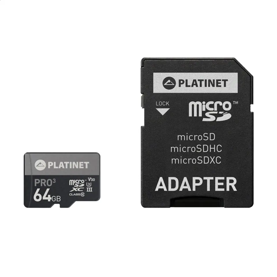 ⁨PLATINET microSDXC + ADAPTER SD 64GB class10 U3 A1 90MB/s [43999]⁩ w sklepie Wasserman.eu