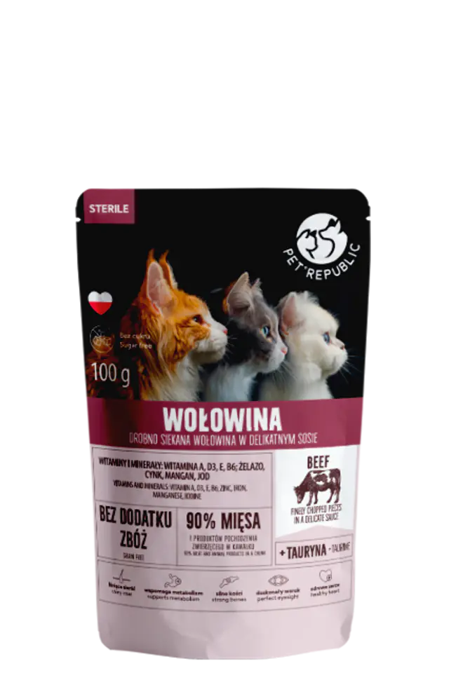 ⁨PETREPUBLIC Fileciki z wołowiną w sosie saszetka dla kota sterylizowanego 100g⁩ w sklepie Wasserman.eu