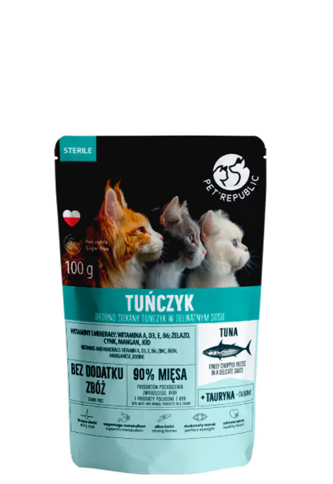 ⁨PETREPUBLIC Fileciki z tuńczykiem w sosie saszetka dla kota sterylizowanego 100g⁩ w sklepie Wasserman.eu