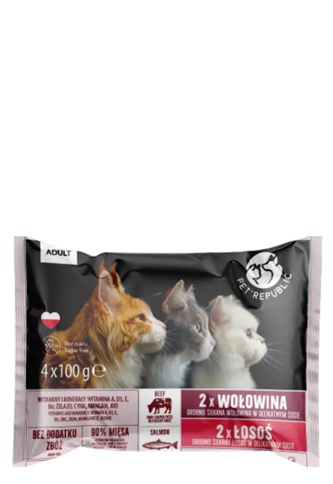 ⁨PETREPUBLIC Fillets with salmon in sauce and beef in sauce cat sachets 4x100g⁩ at Wasserman.eu