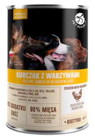 ⁨PETREPUBLIC Pieces with chicken and vegetables in sauce can for dogs 1250g⁩ at Wasserman.eu