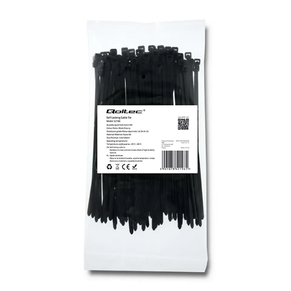 ⁨Qoltec Cable tie | 3.6*150mm | UV Nylon | Black (0NC)⁩ at Wasserman.eu