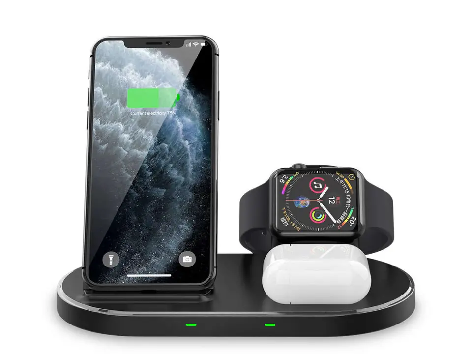 ⁨Bezprzewodowa ładowarka indukcyjna Qi 3w1 W55 do iPhone/AirPods/Watch Black⁩ w sklepie Wasserman.eu