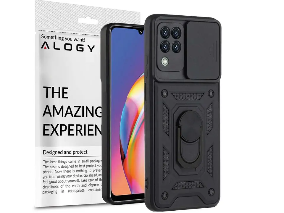 ⁨Pancerne etui z osłoną aparatu Alogy Stand Ring Armor do Galaxy A22 / M22 4G czarne⁩ w sklepie Wasserman.eu