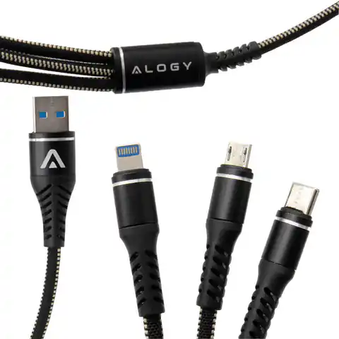 ⁨Kabel Alogy Nylon 3w1 USB-C Typ C Lightning micro USB 5A Black⁩ w sklepie Wasserman.eu