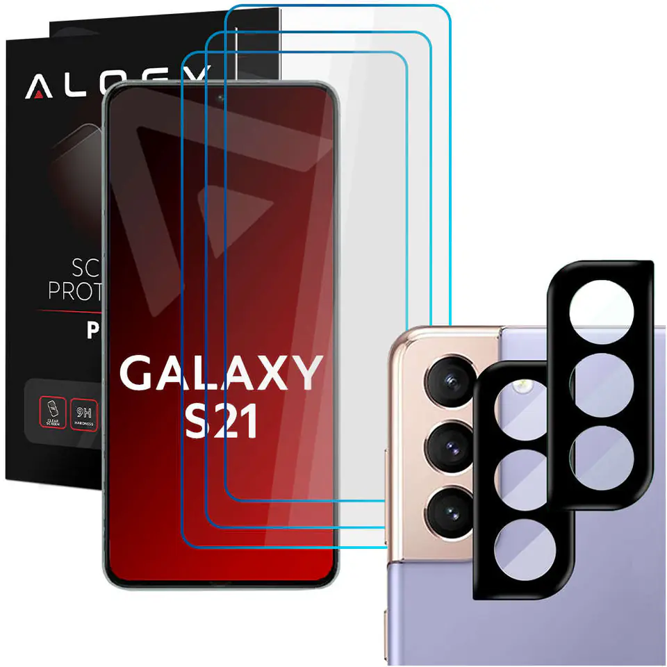 ⁨Alogy Glass Pack 3x 9H Tempered Glass for Screen + 2x Glass for Lens Camera for Samsung Galaxy S21⁩ at Wasserman.eu