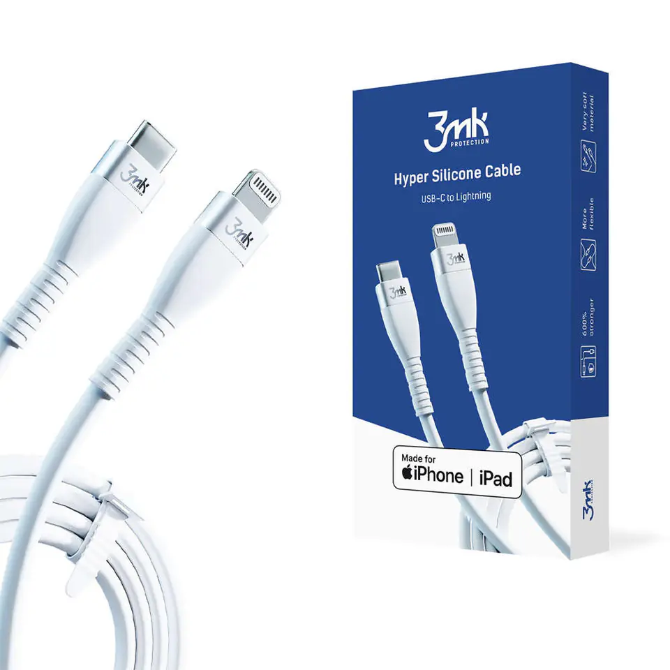 ⁨1m 3mk Hyper Silicone Cable USB-C to Lightning Cable 20W 3A MFi White⁩ at Wasserman.eu