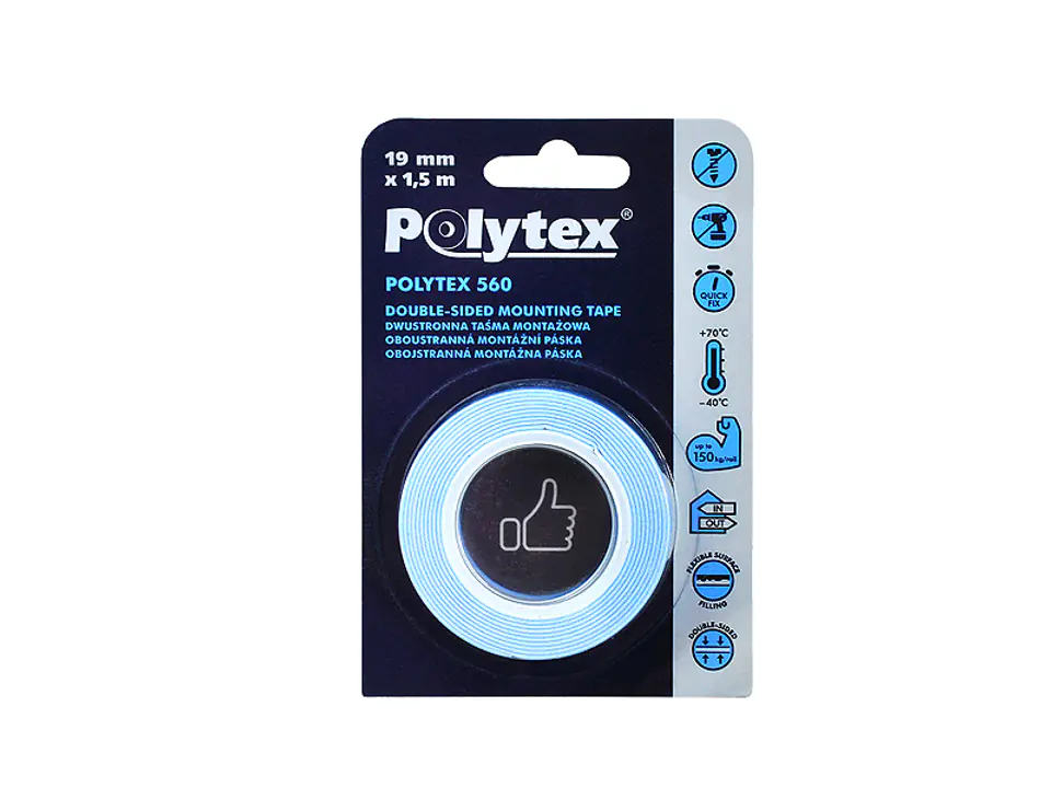 ⁨Double-sided mounting tape Polytex 560 19mm*1,1mm*1,5m, white. (1LM)⁩ at Wasserman.eu