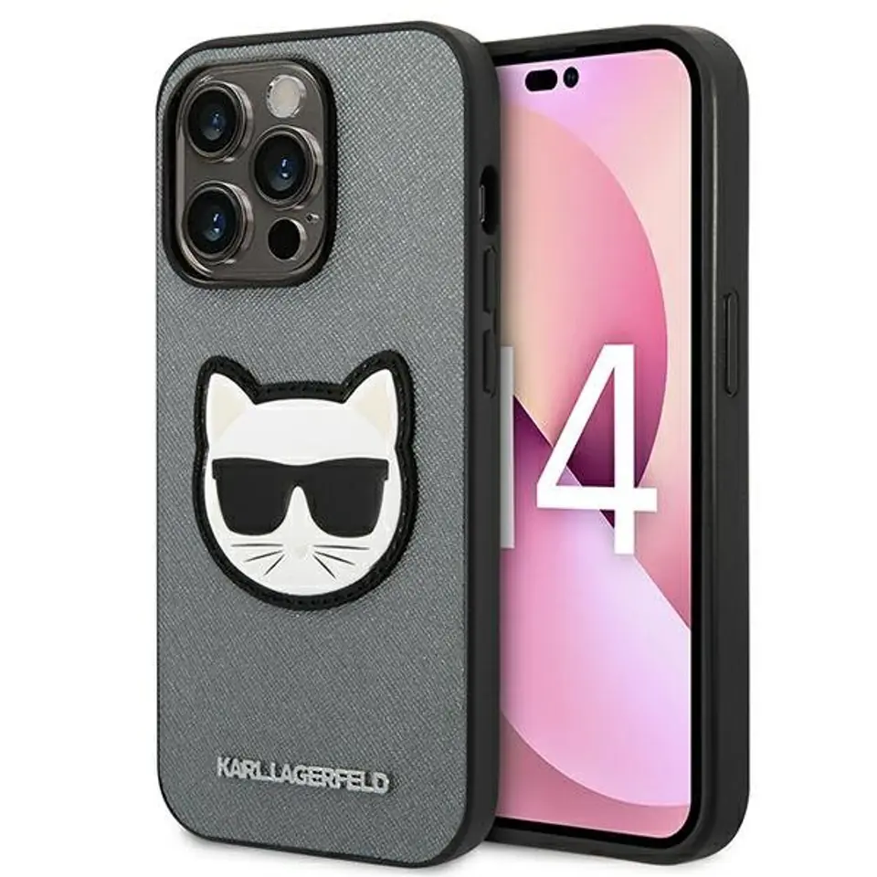 ⁨Karl Lagerfeld Saffiano Choupette Head Patch Case – Etui iPhone 14 Pro (srebrny)⁩ w sklepie Wasserman.eu