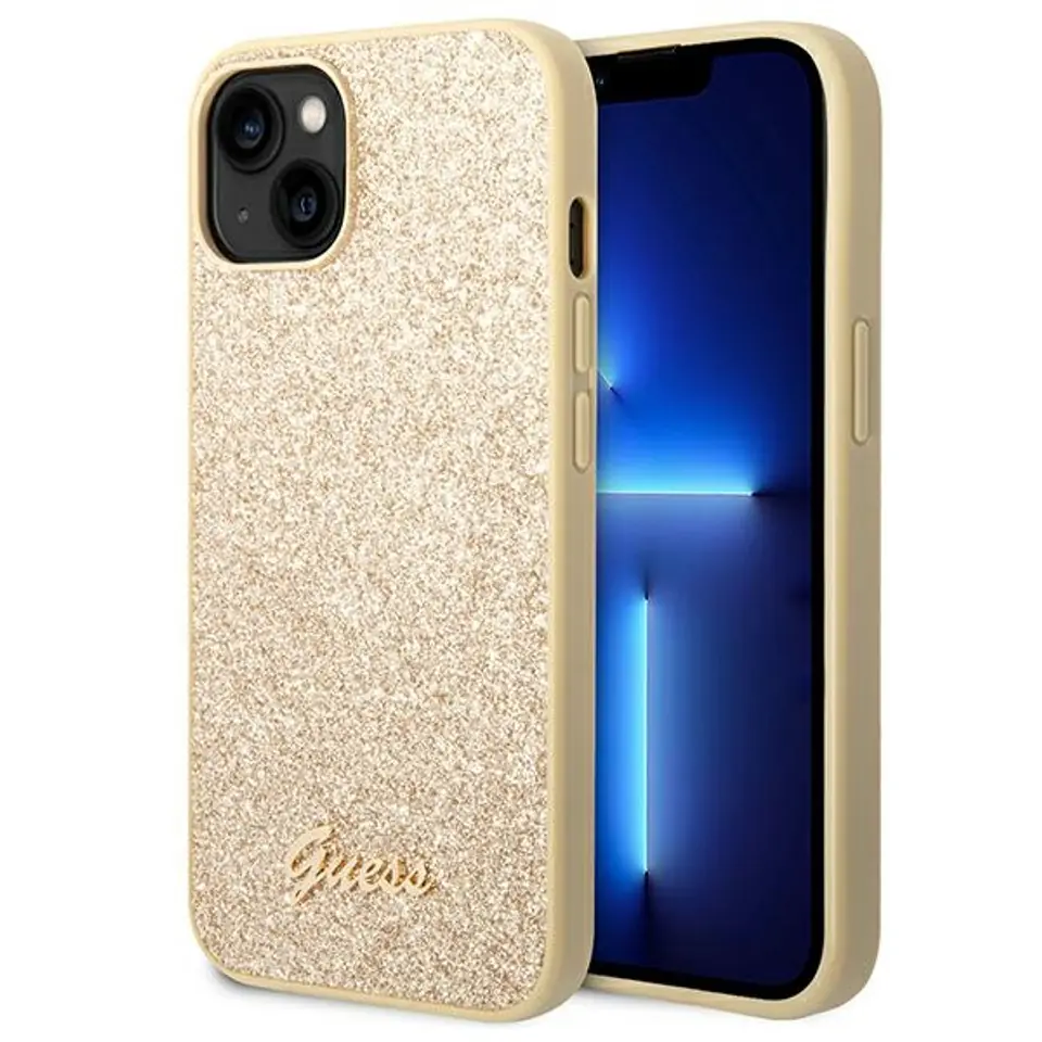 ⁨Guess GUHCP14SHGGSHD iPhone 14 6,1" złoty/gold hard case Glitter Script⁩ w sklepie Wasserman.eu