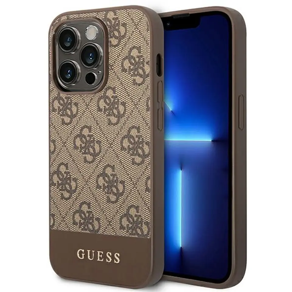 ⁨Guess GUHCP14XG4GLBR iPhone 14 Pro Max 6,7" brązowy/brown hard case 4G Stripe Collection⁩ w sklepie Wasserman.eu