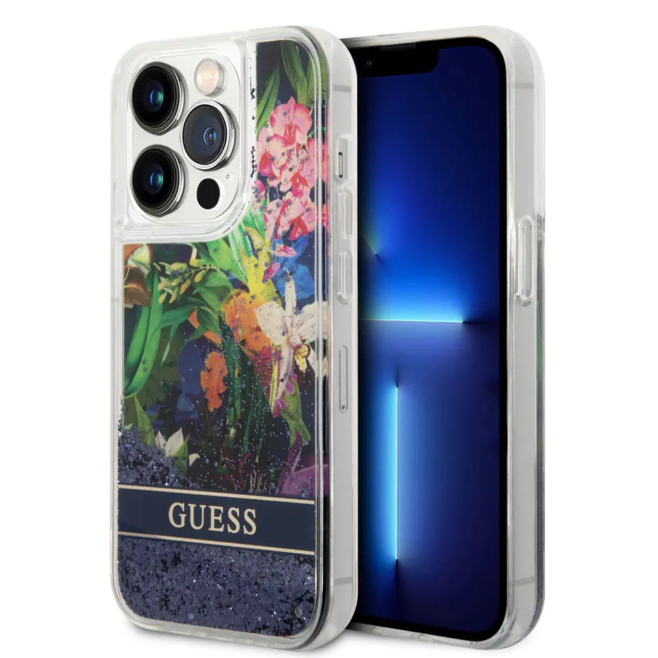 ⁨Guess GUHCP14LLFLSB iPhone 14 Pro 6,1" niebieski/blue hardcase Flower Liquid Glitter⁩ w sklepie Wasserman.eu