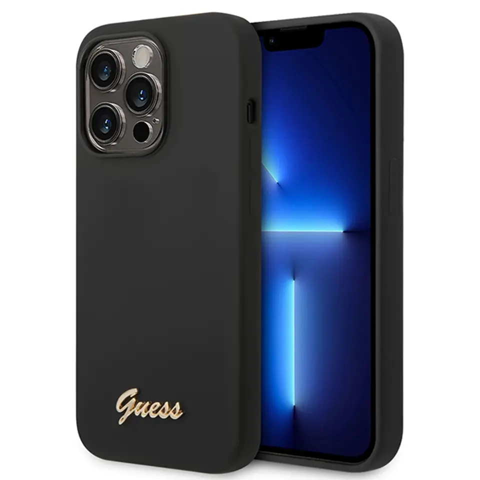 ⁨Guess GUHCP14LSLSMK iPhone 14 Pro 6,1" black/black hard case Silicone Vintage Gold Logo⁩ at Wasserman.eu