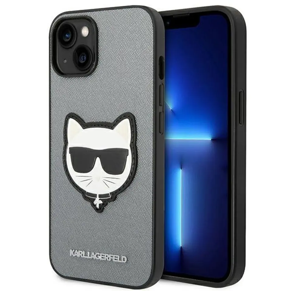 ⁨Karl Lagerfeld Saffiano Choupette Head Patch Case – Etui iPhone 14 Plus (srebrny)⁩ w sklepie Wasserman.eu