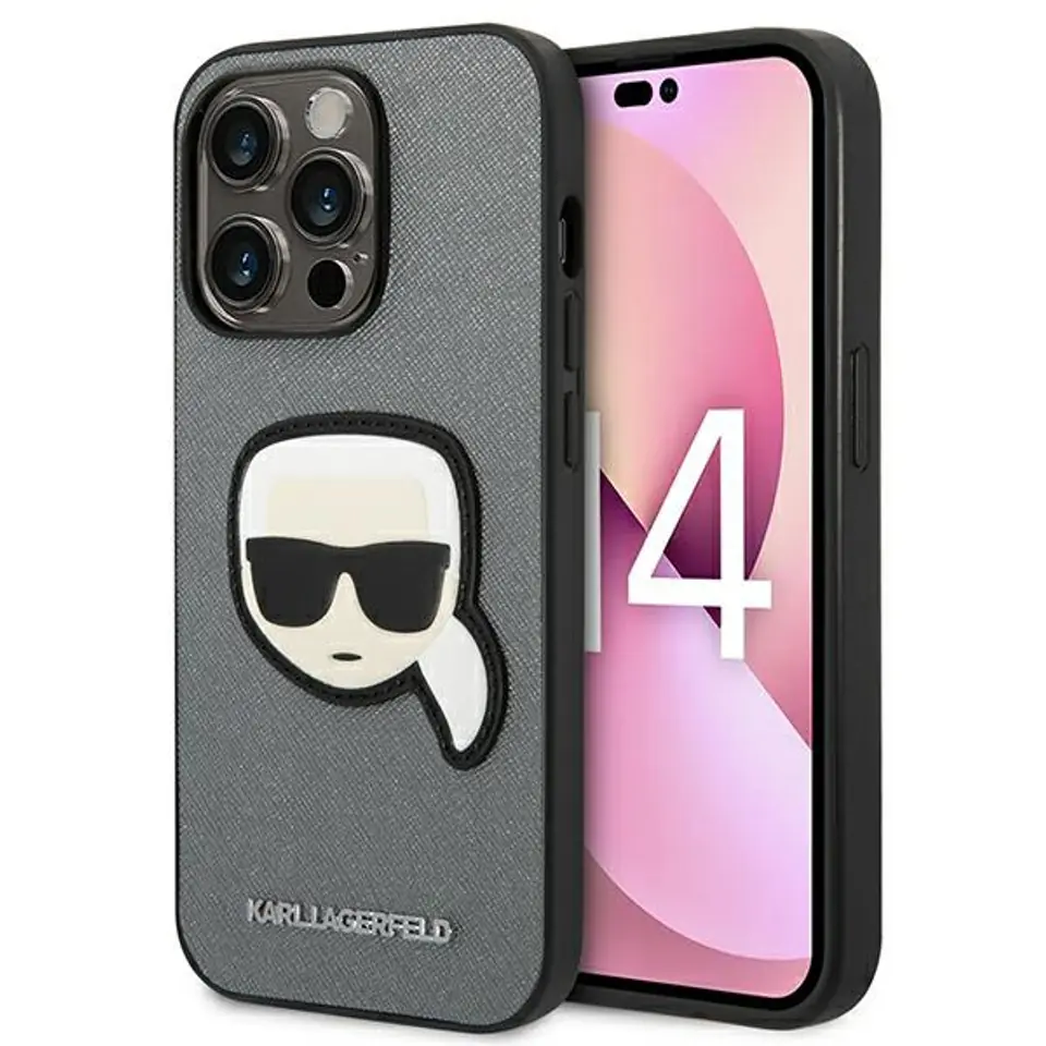 ⁨Karl Lagerfeld KLHCP14XSAPKHG iPhone 14 Pro Max 6,7" srebrny/silver hardcase Saffiano Karl`s Head Patch⁩ w sklepie Wasserman.eu