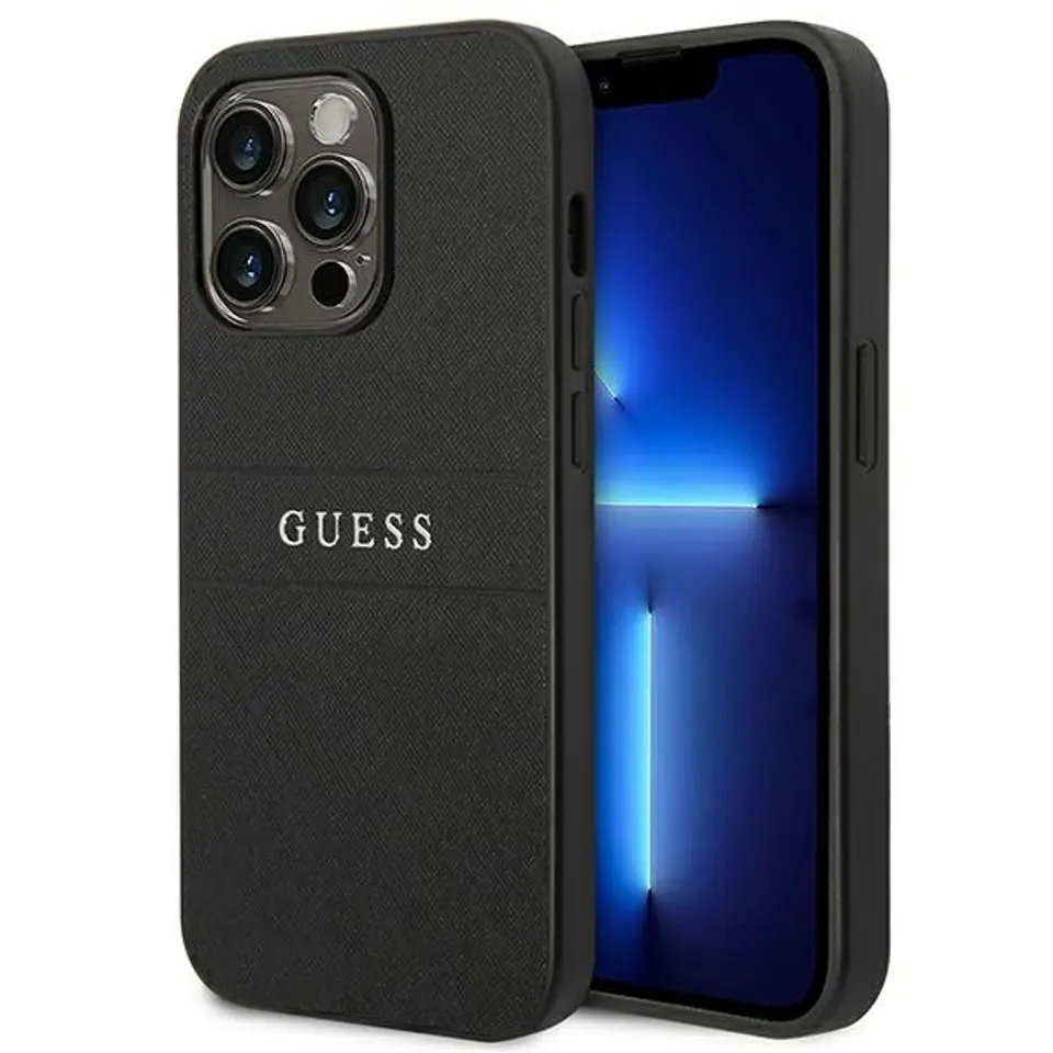 ⁨Guess Saffiano Metal Logo Stripes - iPhone 14 Pro Case (Black)⁩ at Wasserman.eu