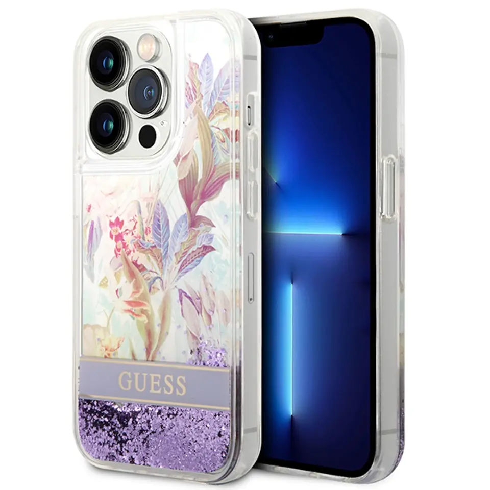 ⁨Guess GUHCP14XLFLSU iPhone 14 Pro Max 6,7" fioletowy/purple hardcase Flower Liquid Glitter⁩ w sklepie Wasserman.eu