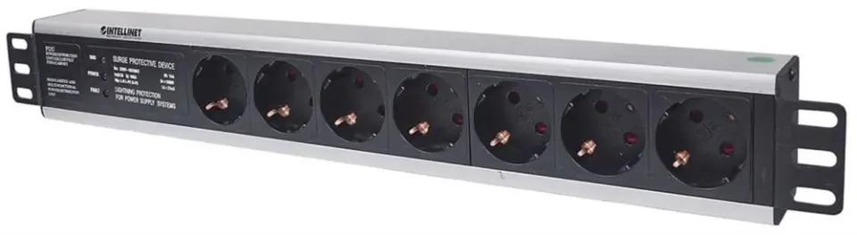 ⁨Intellinet 19" 1.5U Rackmount 7-Way Power Strip - German Type", With Surge Protection, 3m Power Cord (Euro 2-pin plug)⁩ at Wasserman.eu