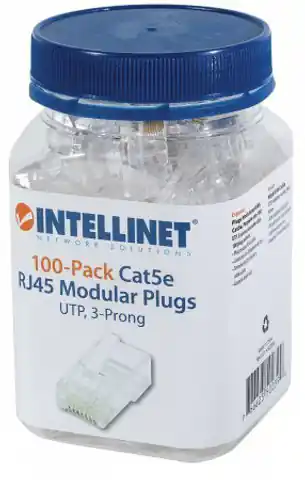⁨Intellinet RJ45 Modular Plugs, Cat5e, UTP, 3-prong, for solid wire, 15 µ gold plated contacts, 100 pack⁩ at Wasserman.eu