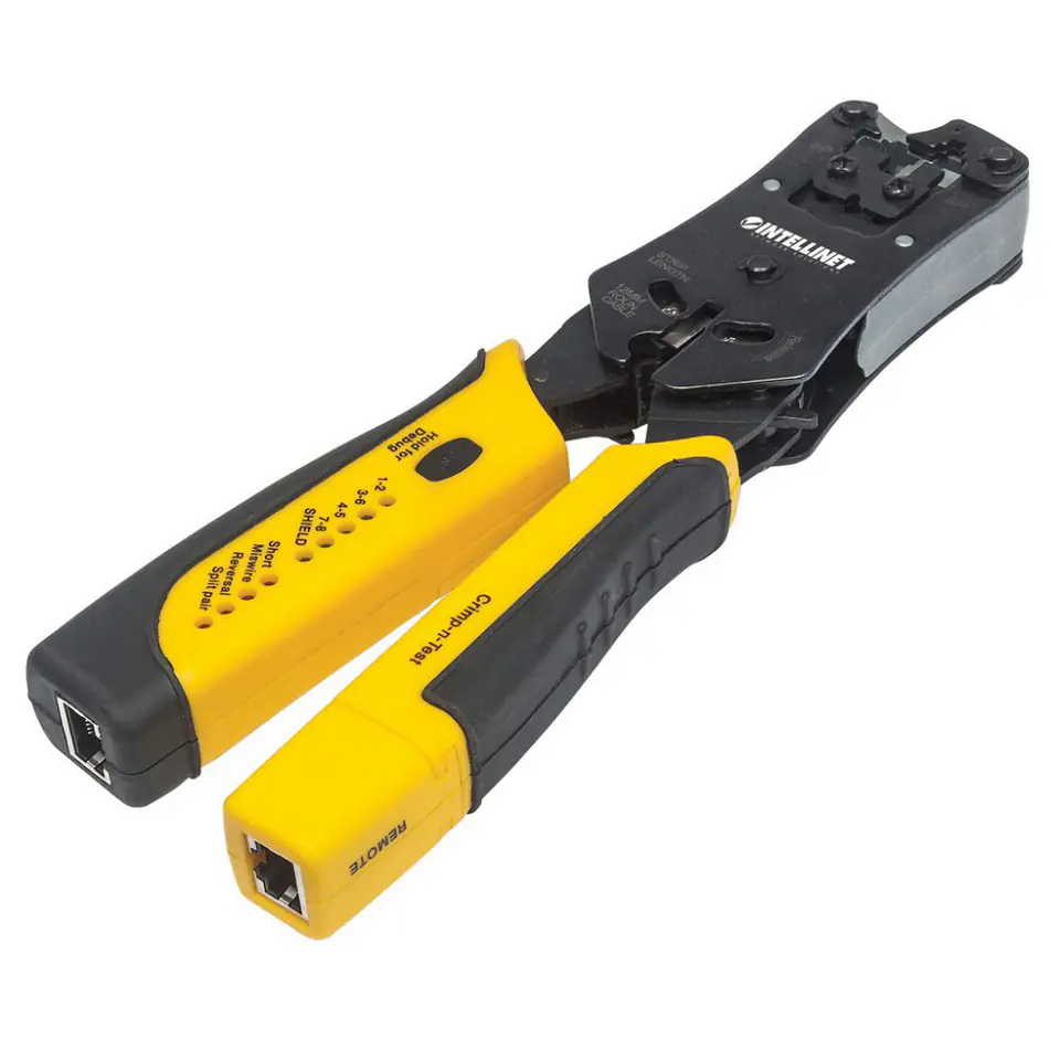 ⁨Intellinet Universal Modular Plug Crimping Tool and Cable Tester, 2-in-1 Crimper and Cable Tester: Cuts, Strips, Terminates and Tests, RJ45/RJ11/RJ12/RJ22⁩ at Wasserman.eu