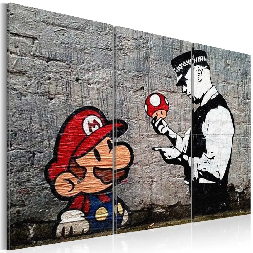 ⁨Obraz - Super Mario Mushroom Cop by Banksy (rozmiar 90x60, wykończenie Standard)⁩ w sklepie Wasserman.eu