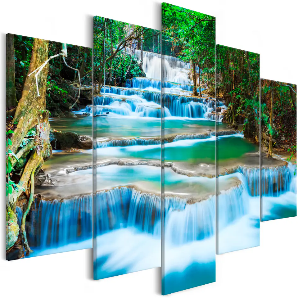 ⁨Painting - Kanchanaburi Waterfall (5-part) wide (size 225x100)⁩ at Wasserman.eu