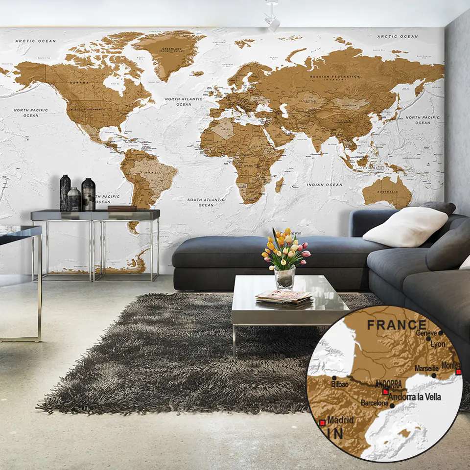 ⁨Wall mural XXL - World Map: White Oceans II (size 500x280)⁩ at Wasserman.eu