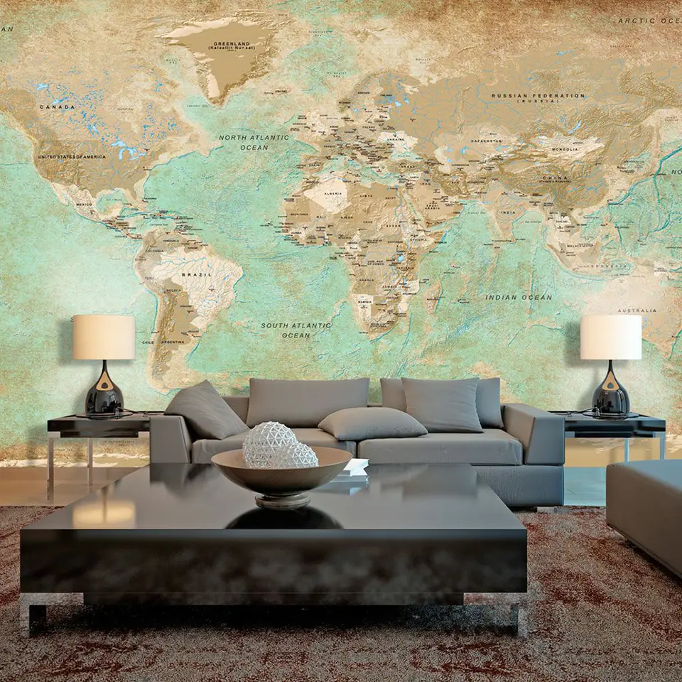 ⁨Wall mural XXL - Turquoise world map II (size 500x280)⁩ at Wasserman.eu