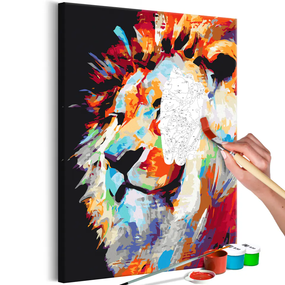 ⁨Obraz do samodzielnego malowania - Portret kolorowego lwa (rozmiar 40x60, wykończenie )⁩ w sklepie Wasserman.eu