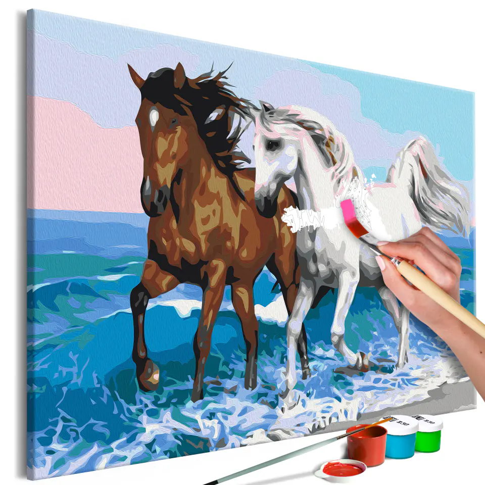 ⁨Obraz do samodzielnego malowania - Konie nad morzem (rozmiar 60x40, wykończenie )⁩ w sklepie Wasserman.eu