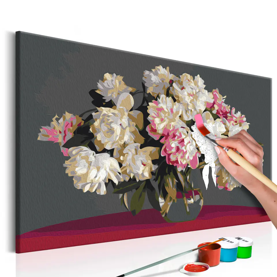 ⁨Obraz do samodzielnego malowania - Białe kwiaty w wazonie (rozmiar 60x40, wykończenie )⁩ w sklepie Wasserman.eu