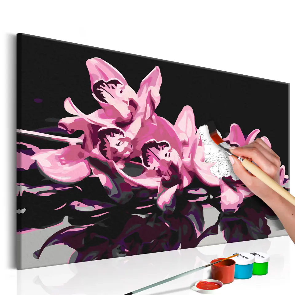 ⁨Obraz do samodzielnego malowania - Różowa orchidea (czarne tło) (rozmiar 60x40, wykończenie )⁩ w sklepie Wasserman.eu