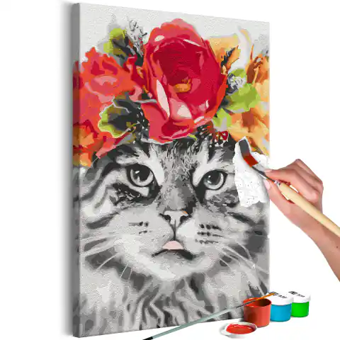 ⁨Obraz do samodzielnego malowania - Kot z kwiatami⁩ w sklepie Wasserman.eu
