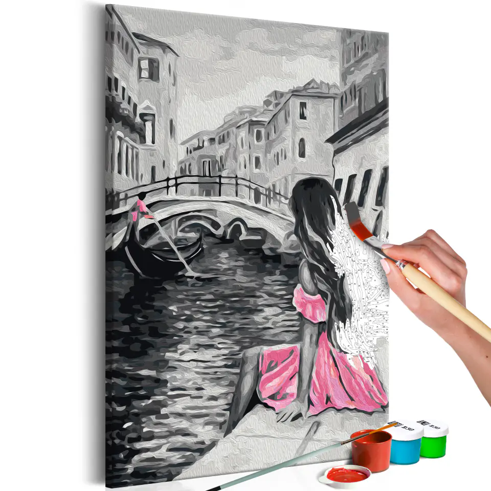 ⁨Obraz do samodzielnego malowania - Wenecja (dziewczyna w różowej sukience) (rozmiar 40x60, wykończenie )⁩ w sklepie Wasserman.eu