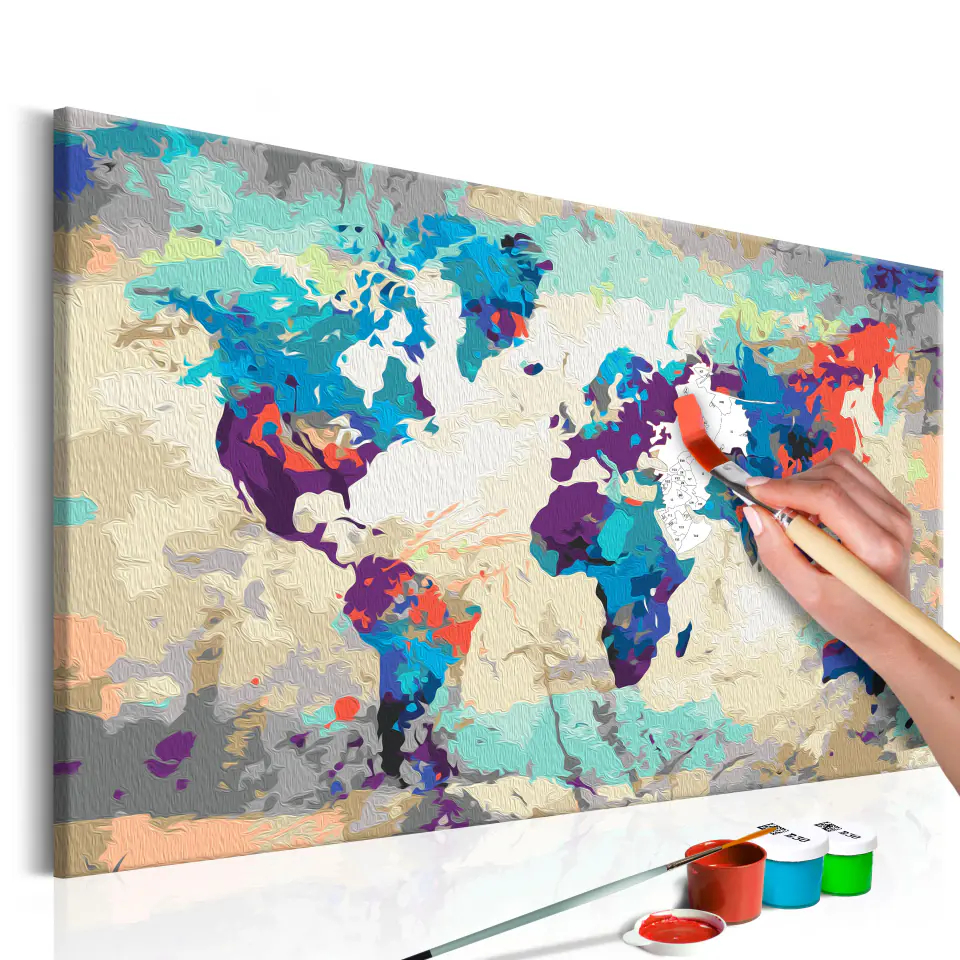 ⁨Obraz do samodzielnego malowania - Mapa świata (błękitno-czerwona) (rozmiar 60x40, wykończenie )⁩ w sklepie Wasserman.eu