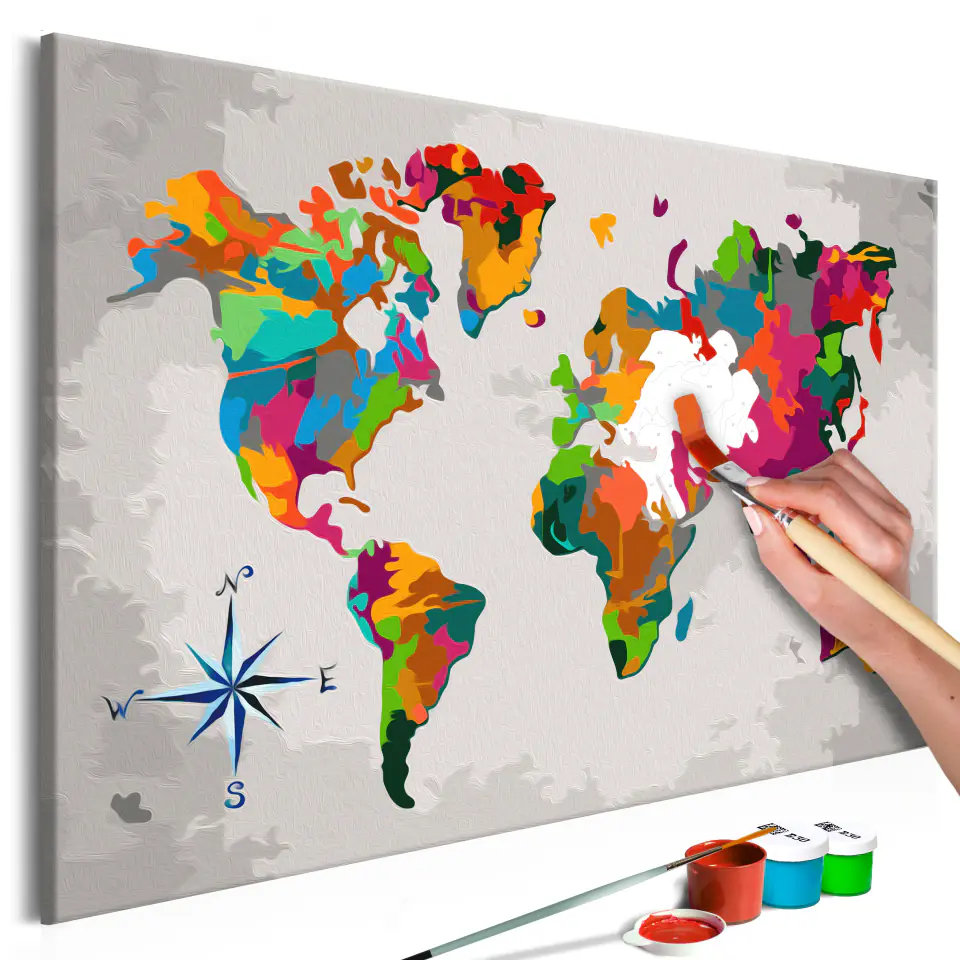 ⁨Obraz do samodzielnego malowania - Mapa świata (z różą wiatrów) (rozmiar 60x40, wykończenie )⁩ w sklepie Wasserman.eu