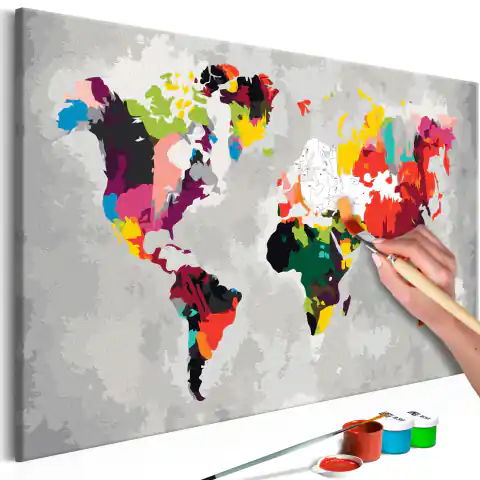 ⁨Obraz do samodzielnego malowania - Mapa świata (jaskrawe kolory) (rozmiar 60x40, wykończenie )⁩ w sklepie Wasserman.eu