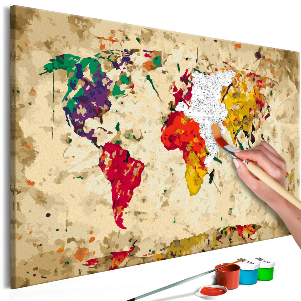 ⁨Obraz do samodzielnego malowania - Mapa świata (plamy barwne) (rozmiar 60x40, wykończenie )⁩ w sklepie Wasserman.eu